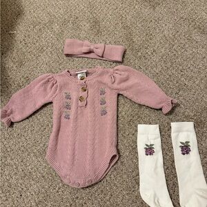 Pink Knit Baby Onesie with Headband and Socks